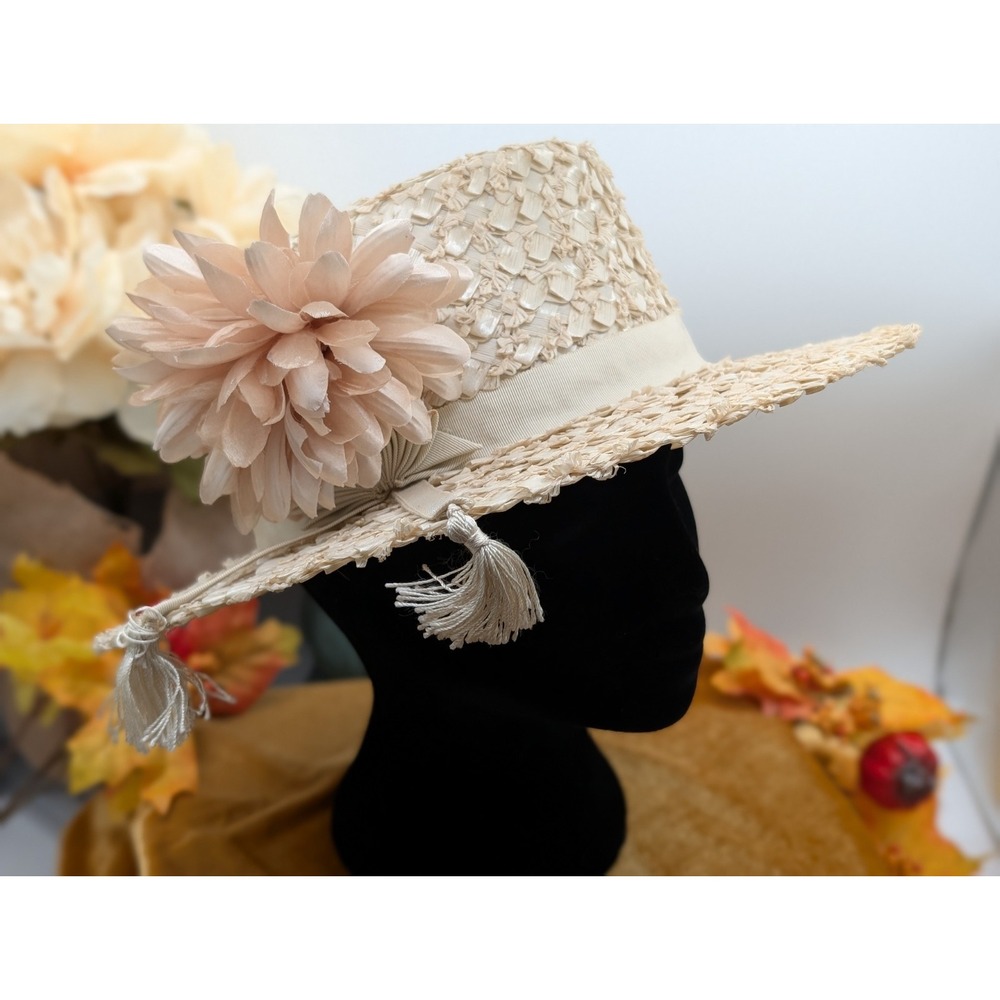 1960s Famous-Barr Woven Cellophane Straw Sun Hat with Large Flower Tassels Vtg